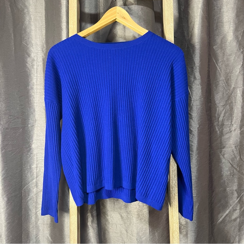 Eileen Fisher Petite Cobalt Blue Ribbed Wool Blend Crew Neck Sweater M